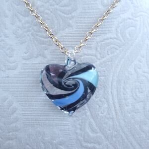 Handmade Blue Green Black Swirl Glass Heart Pendant Gold Tone Chain Necklace